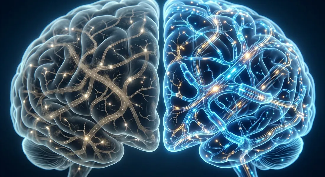 Comparação ilustrativa entre conexões cerebrais enfraquecidas e conexões ativas
